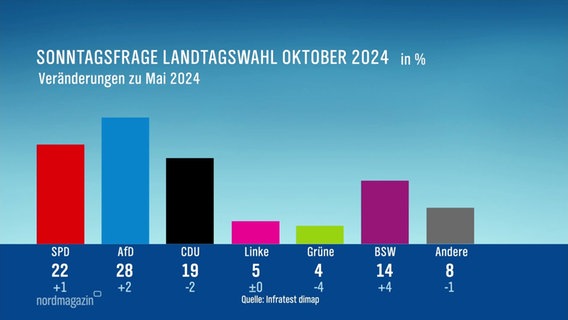 Ein Balkendiagramm zeigt Ergebnis der Sonntagsfrage zur Landtagswahl Oktober 2024. © Screenshot 