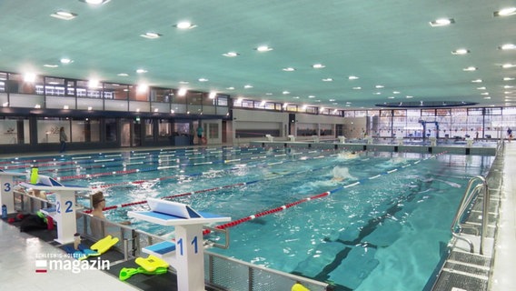 Ein großes Schwimmbecken in einer Schwimmhalle. © Screenshot 