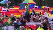 Viele Menschen stehen mit Regenbogenflaggen und Regenbogensymbolen zusammen. © Screenshot 