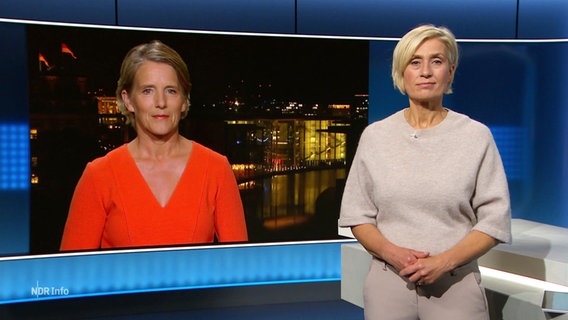 Susanne Stichler steht im Studio von NDR Info. Kerstin Dausend ist aus Berlin zugeschaltet. © Screenshot 