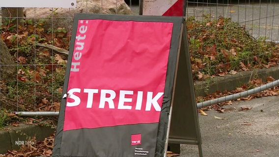 Auf einem Schild steht ein Streikaufruf der Gewerkschaft ver.di. © Screenshot 