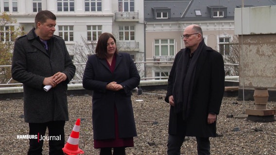 Finanzsenator Dressel und Wissenschaftssenatorin Fegebank stehen auf dem zu sanierenden Dach der Hamburger Staatsbibliothek. © Screenshot 