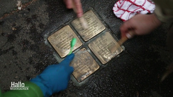 Vier Stolpersteine werden mit Zahnbürsten gereinigt. © Screenshot 