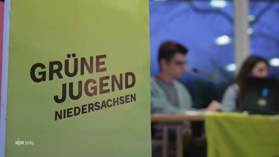 Im Vordergrund ein Plakat mit der Aufschrift Grüne Jugend Niedersachsen. © Screenshot 