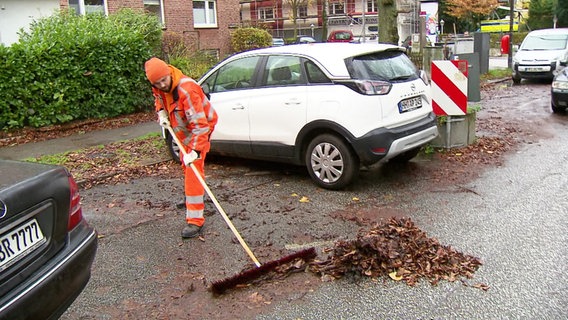 Zwischen zwei parkenden Autos, kehrt ein Mitarbeiter der Straßenreinigung Laub zusammen. © Screenshot 