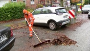 Zwischen zwei parkenden Autos, kehrt ein Mitarbeiter der Straßenreinigung Laub zusammen. © Screenshot 