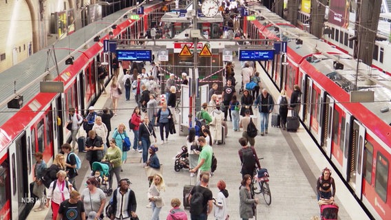 Blick auf einen stark vefüllten Bahnsteig des Hamburger Hauptbahnhofs © Screenshot 