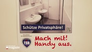 Plakat des TSB Flensburg: Ein Foto von Waschbecken, dazu die Überschrift "Schütze Privatsphäre! - Mach mit! Handy aus." © Screenshot 