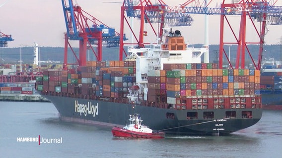 Ein großes Containerschiff wird von einem Schlepper im Hamburger Hafen an seine Ent- und Beladeposition gebracht. © Screenshot 