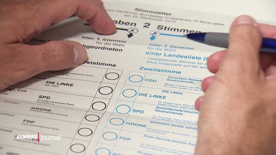 Eine Person füllt einen Wahlzettel aus. © Screenshot 