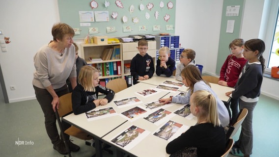 Eine Gruppe Kinder und eine Lehrerin stehen um einen Tisch auf dem Bilder von hypothetischen Schulhofgestaltungen liegen. © Screenshot 