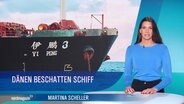 Martine Scheller moderiert die Meldung. Neben ihr ist ein Bild der Yi Peng 3 und die Schlagzeile "Dänen beschatten Schiff" eingeblendet. © Screenshot 