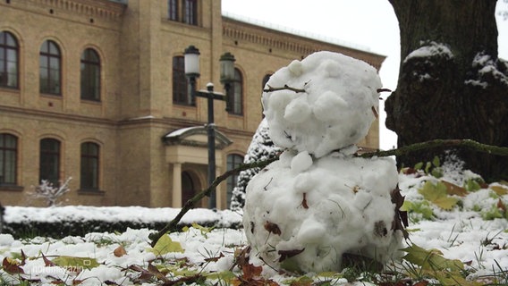 Ein angeschmolzener, kleiner Schneemann steht am Wegesrand. © Screenshot 