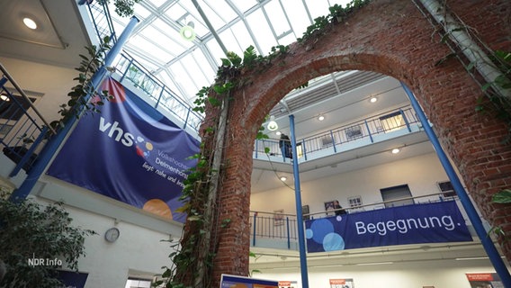 Das Foyer einer Volkshochschule mit einem Banner und der Aufschrift "Begegnung". © Screenshot 