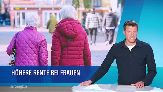 Moderator Stefan Leyh, links von ihm ein Foto von zwei Rentnerinnen von hinten, darunter der Titel "Höhere Rente bei Frauen". © Screenshot 