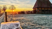 Panorama auf eine Allee, flaches Land, eine gefrorene Weide und ein Fachwerkhaus im Sonnenaufgang. Titel: Kaltstart von Tanja Scheer aus Nienburg © Screenshot Foto: Tanja Scheer