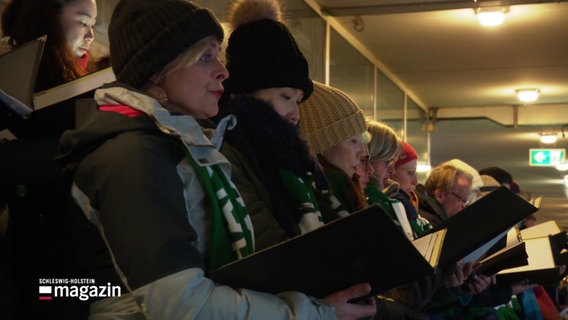 Menschen stehen mit Mütze und grünen Fanschals von VfB Lübeck nebeneinander. Sie singen und halten eine Mappe mit Liedern vor sich. © Screenshot 