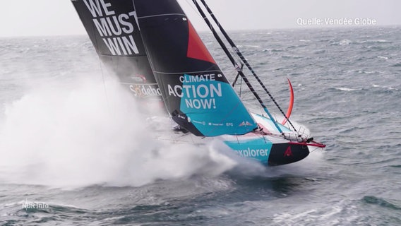 Ein Hochsee-Sportsegelboot fliegt über das Meer begleitet von zu den Seiten spritzenden Wellen. © Screenshot 