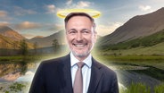 "Die Leiden Lindners: Passion Christiani" - Der FDP-Parteivorsitzende Christian Lindner mit Heiligenschein. (extra 3 vom 05.12.2024 im Ersten) © NDR 