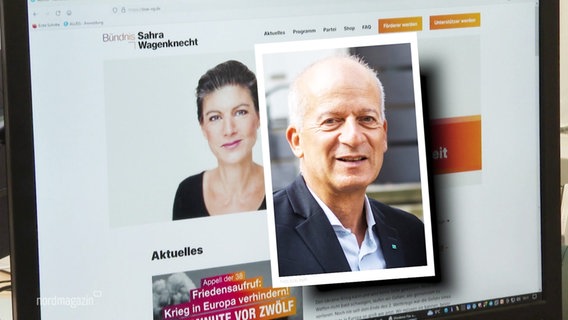 Ein Computerbildschirm zeigt die Webseite des BSW. Ein Porträt von Sahra Wagenknecht ist zu sehen. Daneben wird ein Foto von Friedrich Straetmann eingeblendet. © Screenshot 