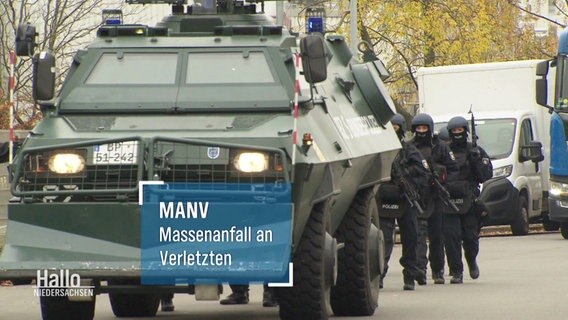 Bewaffnete Polizei Polizisten gehen neben einem gepanzerten Polizeifahrzeug. Es wird ein Schriftzug eingeblendet: "MANV. Massenanfall an Verletzten". © Screenshot 