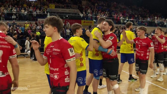 Handballer verschiedener Teams schlagen sich gegenseitig in die Hände. © Screenshot 