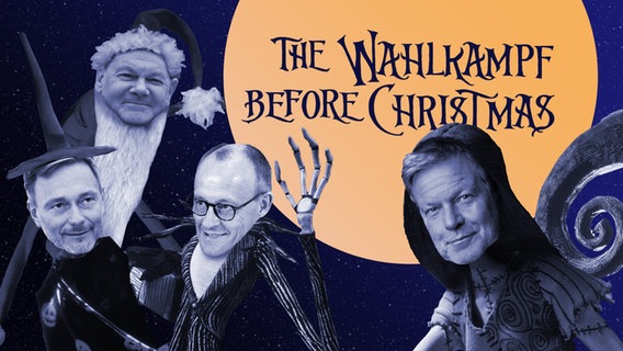 "The Wahlkampf Before Christmas" - Christian Lindner, Olaf Scholz, Friedrich Merz und Robert Habeck im Tim Burton-Stil. (extra 3 vom 12.12.2024 im Ersten) © NDR 