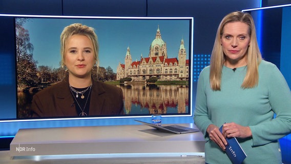 Moderatorin Julina Möcklinghoff spricht mit der zugeschalteten Reporterin Mandy Sarti. © Screenshot 