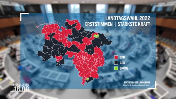 Eine Grafik stellt die Ergebnisse der Landtagswahl 2022 in Niedersachsen dar. © Screenshot 