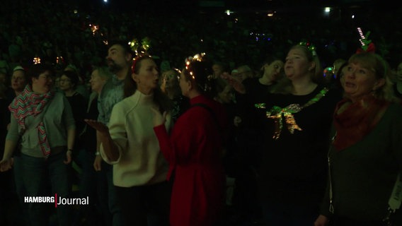 Menschen in einem Stadion singen zusammen, haben teilweise weihnachtliche Lichterketten umhängen oder haben sich beispielsweise Rentierhörner aus Stoff aufgesetzt. © Screenshot 