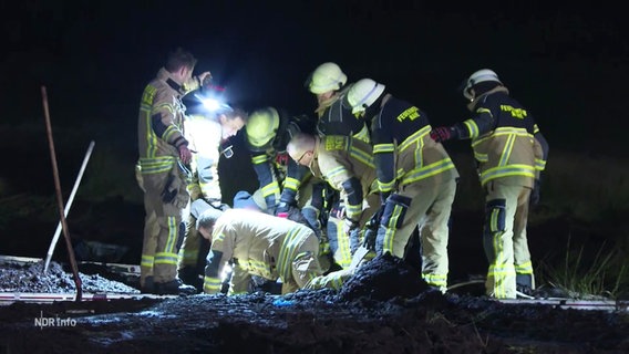 Feuerwehrleute retten eine im Schlamm versunkene Person. © Screenshot 