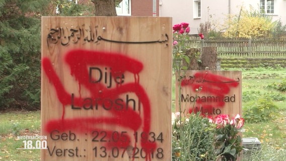 Mit roter Farbe besprayte und geschändete Grabsteine mit muslimisch klingenden Namen. © Screenshot 