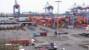 Blick auf LKWs im Containerhafen. © Screenshot 