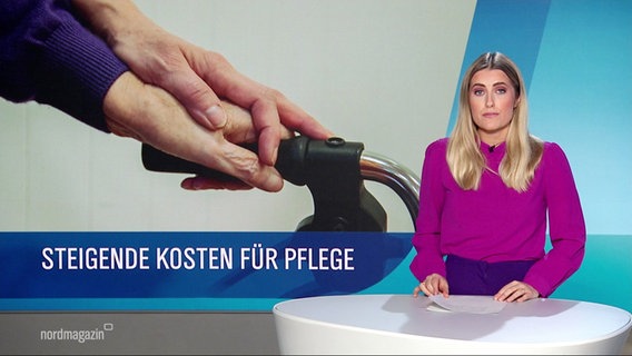 Nachrichtensprecherin Lilli Michaelsen im Studio, neben ihr ein Bild von einer Hand einer älteren Person und einer Jüngeren, die darauf liegt. Die ältere Person schiebt einen Rollator. Unterschrift: Steigende Kosten für Pflege. © Screenshot 