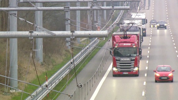 Ein Lkw beim Testbetrieb des E-Highways auf der A1. © Screenshot 