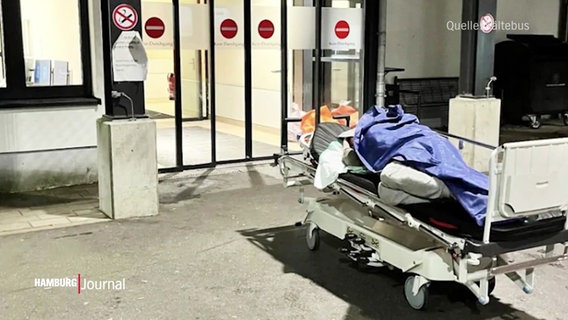 Eine obdachlose Person liegt notdürftig zugedeckt auf einem Krankenhausbett im Freien vor der Notaufnahme. (Quelle: Kältebus) © Screenshot 