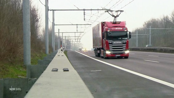 Ein Hybrid-LKW fährt über die Autobahn und nutzt dabei eine Stromtrasse. © Screenshot 