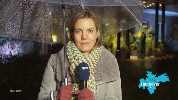 Reporterin Annette Deuskens mit Regenschirm und Mikrofon. © Screenshot 