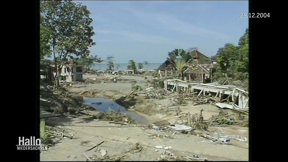 Historisches Fernsehbild: Ein durch einen Tsunami verwüsteter Küstenabschnitt. © Screenshot 