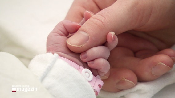 Die Hand eines Neujahrsbabys am UKSH in Lübeck umklammert den Daumen einen Erwachsenen. © Screenshot 