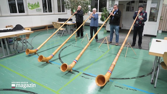 Vier Musiker:innen spielen das Alphorn. © Screenshot 