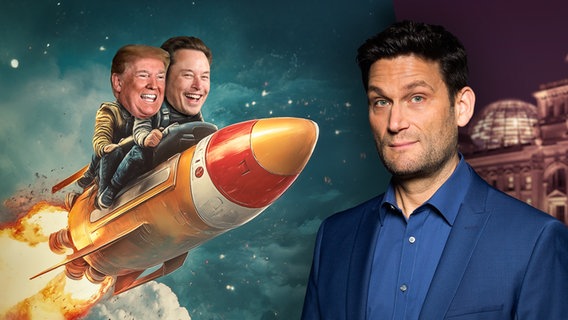 Elon Musk und Donald Trump auf einer Rakete. Daneben Christian Ehring. (extra 3 vom 09.01.2025 im Ersten) © NDR 