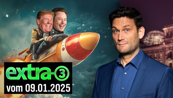 Elon Musk und Donald Trump auf einer Rakete. Daneben Christian Ehring. (extra 3 vom 09.01.2025 im Ersten) © NDR 