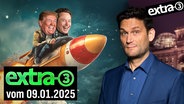 Elon Musk und Donald Trump auf einer Rakete. Daneben Christian Ehring. (extra 3 vom 09.01.2025 im Ersten) © NDR 