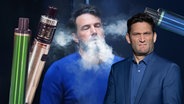 Ein Mann dampfend mit Vapes. Daneben Christian Ehring. (extra 3 vom 09.01.2025 im Ersten) © NDR 