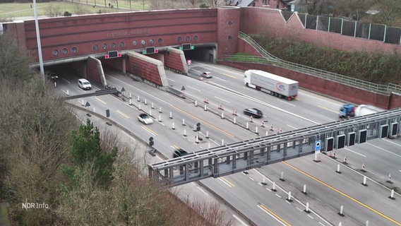 Vogelperspektive: Die Einfahrt in die Röhren des Hamburger Elbtunnels. © Screenshot 