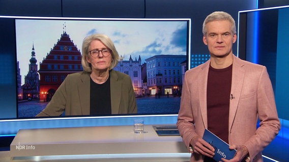 Moderator Thorsten Schröder im Gespräch mit der zugeschalteten Reporterin Martina Rathke. © Screenshot 