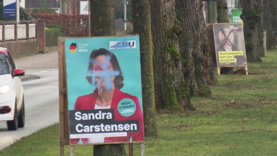 Mehrere beschmierte Wahlplakate stehen an einer Straße. © Screenshot 