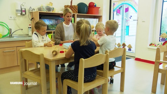 Eine Kindergärtnerin sitzt mit drei Kindern an einem Tisch. © Screenshot 