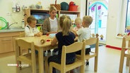 Eine Kindergärtnerin sitzt mit drei Kindern an einem Tisch. © Screenshot 